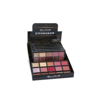 Exhibidor negro de paletas de sombras de ojos con filas de tonos neutros, dorados, rosados y rojos en acabados mate y brillante, presentado con un estilo 'profesional'.