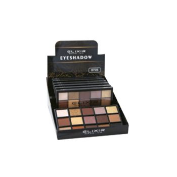 Expositor negro con paletas de sombras de ojos en varios tonos neutros y tierra organizadas en filas sobre fondo blanco, pensado para mostrador de peluquería y salón.