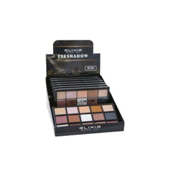 Exhibidor con varias paletas de sombras de ojos en tonos neutros y cálidos organizadas en filas y presentadas de forma profesional y 'alta calidad'.