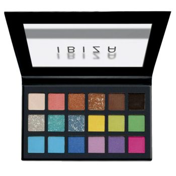 Estuche negro con espejo que contiene una paleta de sombras de ojos con tonos neutros y vibrantes y acabados mates y brillantes dispuestos en filas, pensada para uso profesional y presentada como producto de maquillaje.