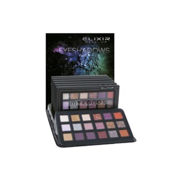Paleta de sombras de ojos apilable con estuche negro que muestra varios tonos mate y brillantes en tonos neutros, morados y dorados, con espejo integrado y empaque con diseño galáctico, alta calidad.