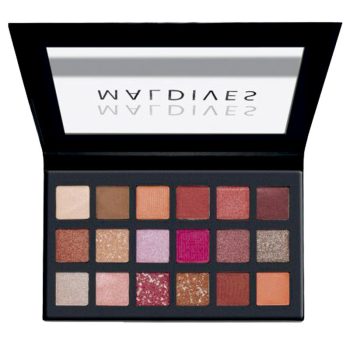 Paleta de sombras de ojos negra con espejo interior y 20 tonos variados en acabados mate, satinado, metálico y glitter en gamas nude, rosadas y terracota, pensada para crear looks naturales y de fiesta profesional.