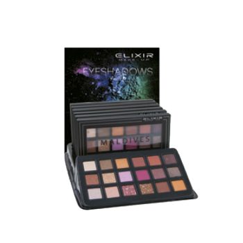 Paleta de sombras de ojos desplegable con múltiples tonalidades mate y brillantes en estuche exhibidor, pensada para maquillaje profesional en peluquería.