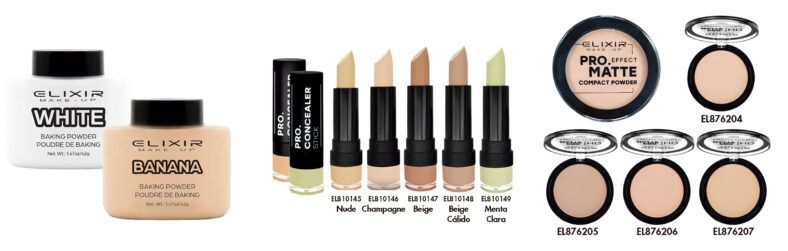 Set de maquillaje Elixir con polvos de baking en blanco y banana, polvos compactos mate y barras correctoras en varios tonos para un acabado profesional.