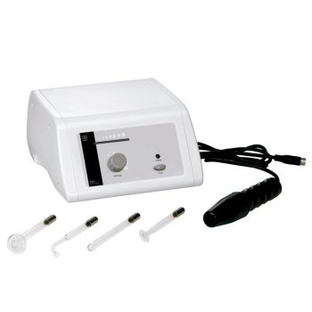 Aparato estético blanco con mando giratorio, cable y aplicador de mano negro acompañado de cuatro electrodos de vidrio intercambiables, pensado para profesionales y disponible para venta.