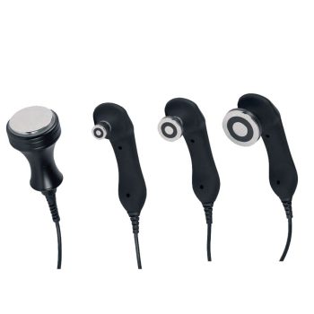Cuatro sondas de mano negras con cabezales metálicos circulares de distintos tamaños y cables visibles sobre fondo blanco, dispuestas en fila para comparar opciones al mejor precio.