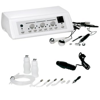 Equipo estético facial de alta calidad con unidad blanca de control con perillas y botones, múltiples sondas y electrodos metálicos, manípulos, cables, frascos aplicadores y tubos para tratamientos profesionales.