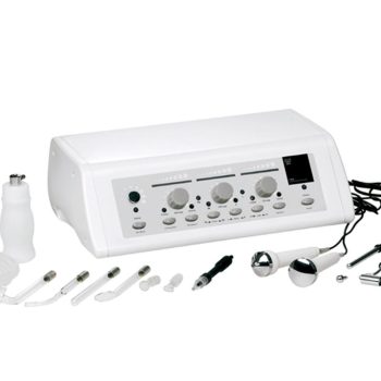 Equipo facial profesional blanco multifunción con panel de control, perillas y múltiples electrodos y accesorios para tratamientos estéticos.