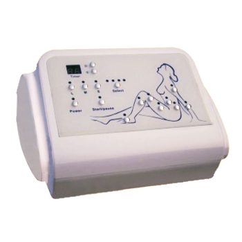 Dispositivo blanco de electroestimulación con panel de control y diagrama de silueta femenina que señala puntos para electrodos, diseñado para tratamientos estéticos en 'salones de belleza'.