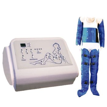 Dispositivo estético con panel de control ilustrado y un traje inflable azul con mangas, faja y botas acolchadas para piernas, diseñado para tratamientos en salón de belleza.
