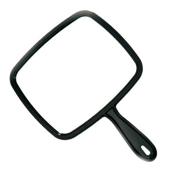 Espejo de mano cuadrado con marco y mango negro brillante, diseño ergonómico y acabado profesional.