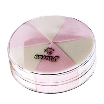 Estuche redondo transparente con seis esponjas triangulares en tonos rosa y crema dispuestas en forma de rueda, accesorio para maquillaje de apariencia ordenada, alta calidad y con calidad evidente en el acabado.