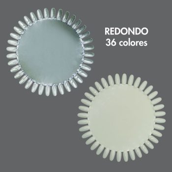 Dos ruedas redondas de muestrario con puntas de uñas de plástico, una plateada y otra marfil, sobre fondo gris, usadas para mostrar tonos en una peluquería.