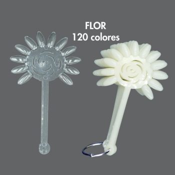 Dos paletas en forma de flor para muestras de color de uñas, una transparente y otra blanca con aro metálico sobre fondo gris, herramienta profesional para presentar tonos.