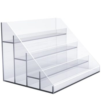 Expositor escalonado transparente de acrílico de cuatro niveles con bordes pulidos y base reforzada para mostrar productos de forma ordenada, alta calidad.