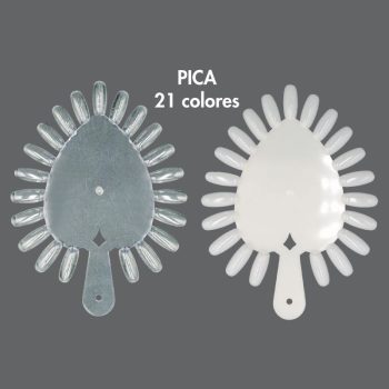 Dos paletas de exhibición en forma de gota con mango y múltiples muestras de uñas en semicírculo, una transparente y otra blanca, sobre fondo gris mostrando un conjunto completo y alta calidad.
