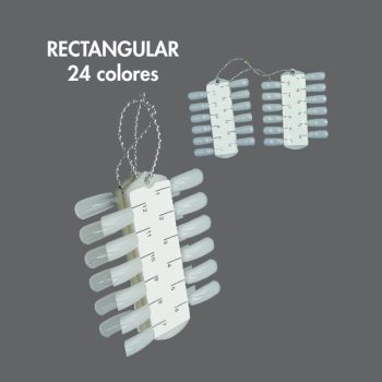 Muestrario rectangular de 24 uñas plásticas blancas numeradas en dos paletas unidas por cadenas sobre fondo gris, ideal para 'peluquería'.