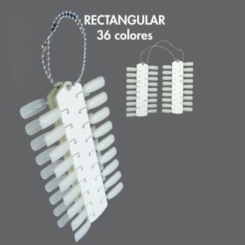 Muestrario de uñas postizas en paleta rectangular con anilla metálica exhibiendo múltiples tonos blancos y marfil, ideal para peluquería y para elegir con resultado seguro.