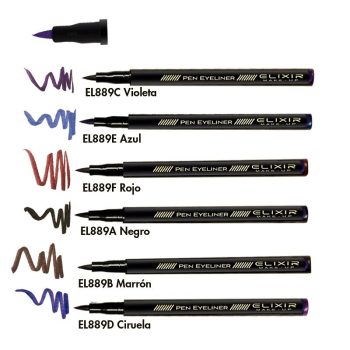 Seis delineadores tipo rotulador con cuerpo negro y puntas finas, acompañados de muestras de trazo en violeta, azul, rojo, negro, marrón y ciruela, ideales para uso profesional.