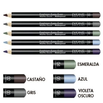 Cinco lápices de ojos impermeables de alta calidad con cuerpo negro y puntas visibles en tonos castaño, gris, esmeralda, azul y violeta oscuro, presentados en fila junto a cápsulas y etiquetas de color.