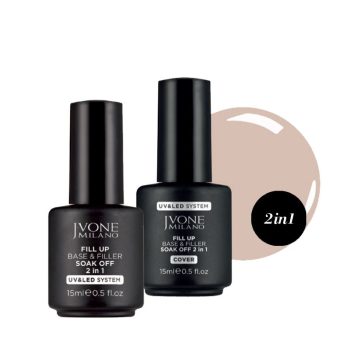 Dos frascos negros de gel para uñas etiquetados como base y relleno junto a una muestra de color beige, presentados como producto de alta calidad.
