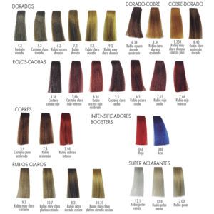 Carta de colores de mechas de cabello de alta calidad que muestra múltiples muestras organizadas en categorías como dorados, dorado-cobre, cobre-dorado, rojos-caobas, cobres, intensificadores, rubios claros y super aclarantes, cada muestra con su tono y nombre descriptivo.
