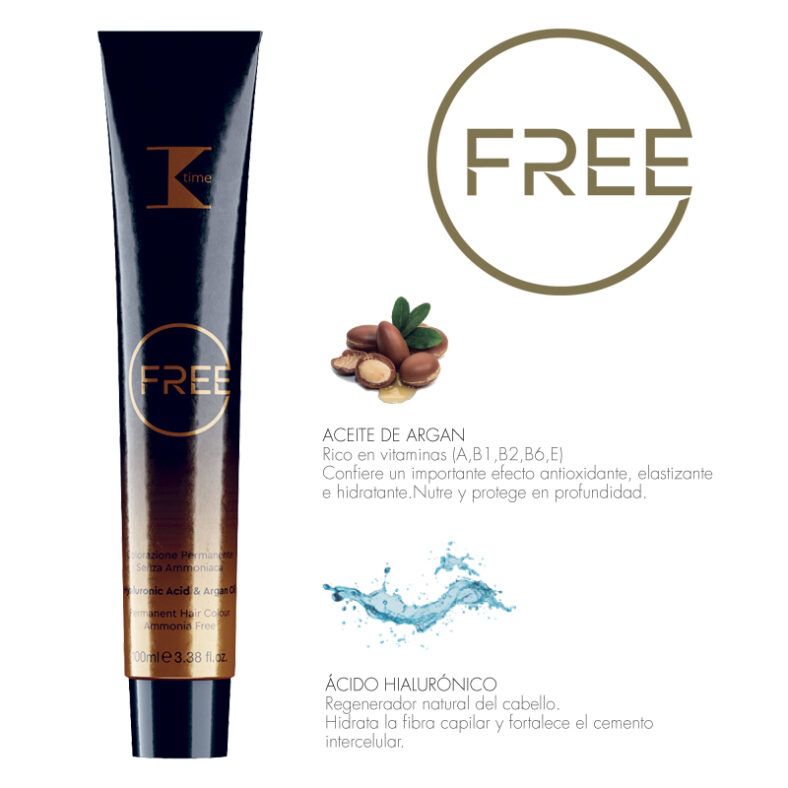 Envase tubular elegante en degradado negro a dorado con logotipo circular "FREE", acompañado de ilustraciones de granos de argán y una salpicadura de agua junto a textos que describen aceite de argán y ácido hialurónico, comunicando un producto capilar nutritivo y de alta calidad.