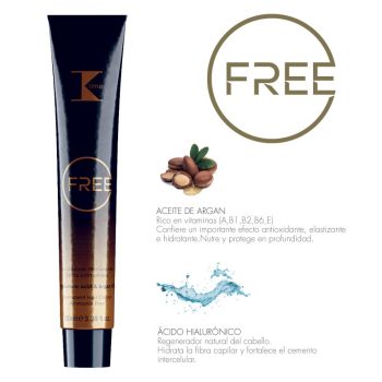 Tubo de tratamiento capilar negro y dorado con el logotipo «FREE», nueces de argán y una salpicadura de agua junto a textos sobre aceite de argán y ácido hialurónico, imagen que transmite un producto de alta calidad y acción urgente de reparación capilar.