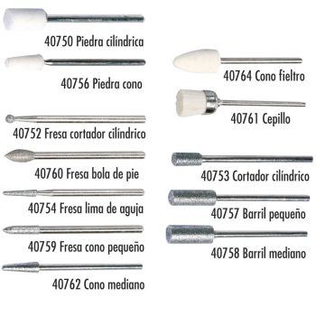 Conjunto profesional de puntas y fresas para herramienta rotativa que incluye piedras cilíndricas y cónicas, conos de fieltro, cepillo, fresas de bola y lima de aguja y barriles en distintos tamaños organizados en dos columnas con etiquetas descriptivas.