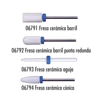 Cuatro fresas cerámicas de alta calidad con vástagos metálicos y anillos azules en formas barril, barril punta redonda, aguja y cónica sobre fondo blanco con sus etiquetas descriptivas.
