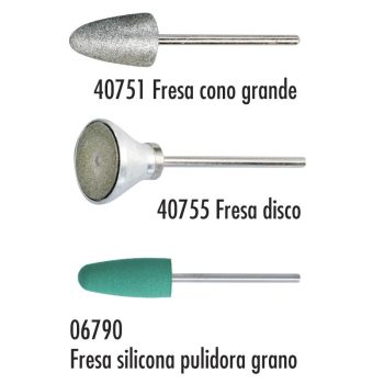 Tres fresas para herramienta rotativa: un cono abrasivo metálico, una fresa en forma de disco con copa metálica y superficie abrasiva, y una fresa verde de silicona para pulido, presentadas como piezas de alta calidad.