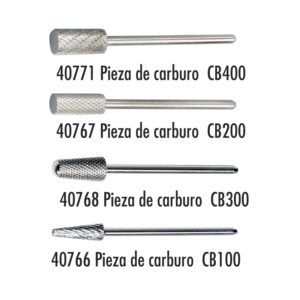 Fresas de manicura y pedicura para tornos: Guía completa de usos para el profesional de uñas 2 Cuatro piezas de carburo con vástagos metálicos y cabezas texturizadas alineadas verticalmente junto a textos descriptivos, pensadas para uso profesional.