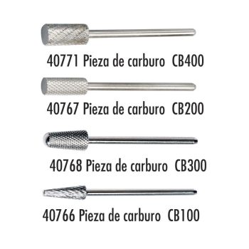 Cuatro piezas de carburo con vástagos metálicos y cabezas texturizadas alineadas verticalmente junto a textos descriptivos, pensadas para uso profesional.