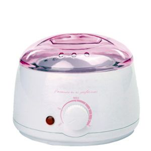 Calentador de cera blanco con tapa translúcida rosa, luz indicadora roja y mando giratorio con niveles visibles para controlar la temperatura, ideal para uso en peluquería.