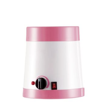 Aparato eléctrico cilíndrico blanco y rosa con tapa superior, perilla giratoria, interruptor y luz indicadora para uso de profesionales.