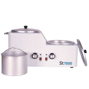 Aparato de sobremesa blanco con dos cámaras y recipientes metálicos desmontables con tapas, perillas de temperatura y botones de encendido, diseñado para uso 'profesional'.