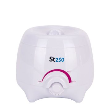 Calentador de cera blanco y compacto con tapa redondeada, perilla frontal giratoria y arco indicador magenta que muestra niveles de calentamiento, aspecto pulcro y de alta calidad pensado para entrega discreta y fácil transporte.