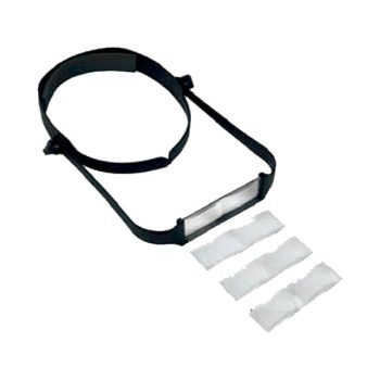 Diadema ajustable de plástico negro con visor rectangular transparente y tres almohadillas blancas colocadas junto a ella sobre fondo blanco, producto de alta calidad.