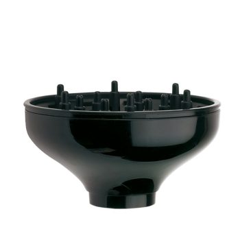 Difusor negro de plástico con pines cilíndricos para secador de pelo, accesorio típico de peluquería.
