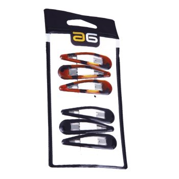 Pack de seis pinzas para el cabello tipo clic, tres con diseño carey naranja y tres negras, presentadas en una tarjeta de embalaje blanca y negra, ideales para peluquería y uso diario.