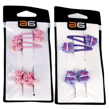 Paquete con dos juegos de pasadores infantiles sobre tarjeta blanca: a la izquierda clips rosas con lazos y flores, a la derecha clips morados con mariposas decorativas, presentación para colgar, alta calidad.