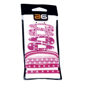 Set de accesorios de pelo rosa en blister que incluye cuatro clips estampados con flores y corazones y varios coleteros a juego, presentado en un paquete listo para venta y de apariencia profesional.