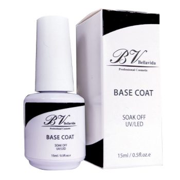 Botella y caja blancas de base coat para uñas con etiqueta "Soak off UV/LED" de 15 ml, diseño profesional y limpio pensado para uso en peluquería.