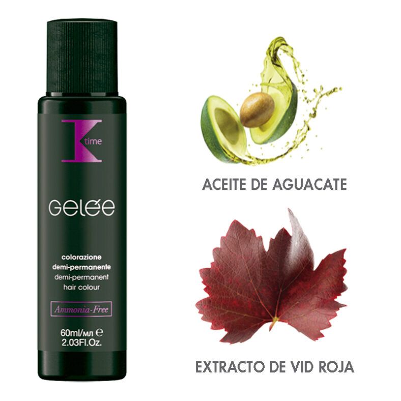 Botella de tinte capilar demi-permanente sin amoníaco junto a ilustraciones de aceite de aguacate y extracto de vid roja, pensado para uso profesional.