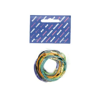 Paquete de gomas de pelo en espiral de varios colores en blíster transparente con tarjeta superior azul con textos relacionados con belleza y peluquería.