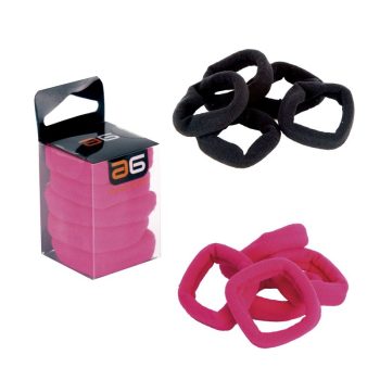 Pack de coleteros elásticos cuadrados negros y fucsia en envase transparente, perfectos para uso en peluquería y presentados como oferta.