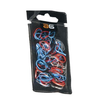Paquete colgante negro que contiene numerosas ligas elásticas pequeñas en colores rojo, azul, blanco y negro dentro de una bolsa transparente, descritas para uso profesional.