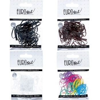 Cuatro paquetes visibles de gomas elásticas para el cabello de la marca Eurostil en colores negro, marrón, transparente y multicolor, presentados en blíster transparente sobre cartón blanco como texto alternativo accesible que destaca su aspecto de alta calidad y su sujeción potente.