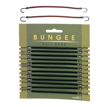 Paquete de bandas elásticas para el cabello tipo bungee con ganchos metálicos, múltiples unidades negras alineadas en tarjeta verde y dos marrones en la parte superior, de alta calidad.