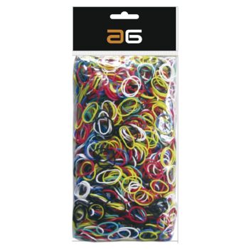 Bolsa transparente colgante que contiene numerosas ligas elásticas pequeñas de colores variados (rojo, amarillo, azul, negro y blanco) para manualidades y peinados, alta calidad.